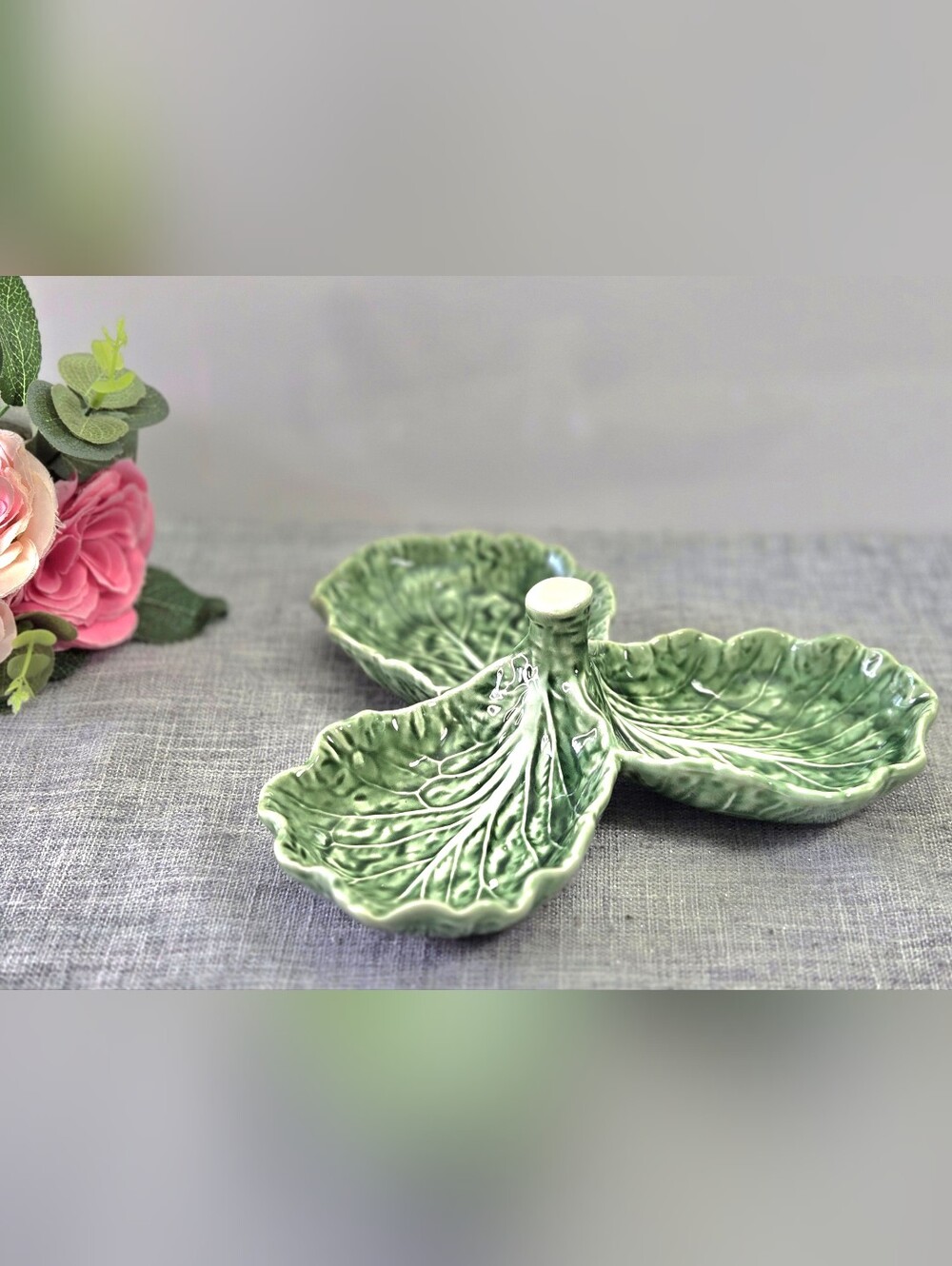 Vintage Bordallo Pinheiro Cabbage Green 3-Part Relish Dish Olive Tray Portugal